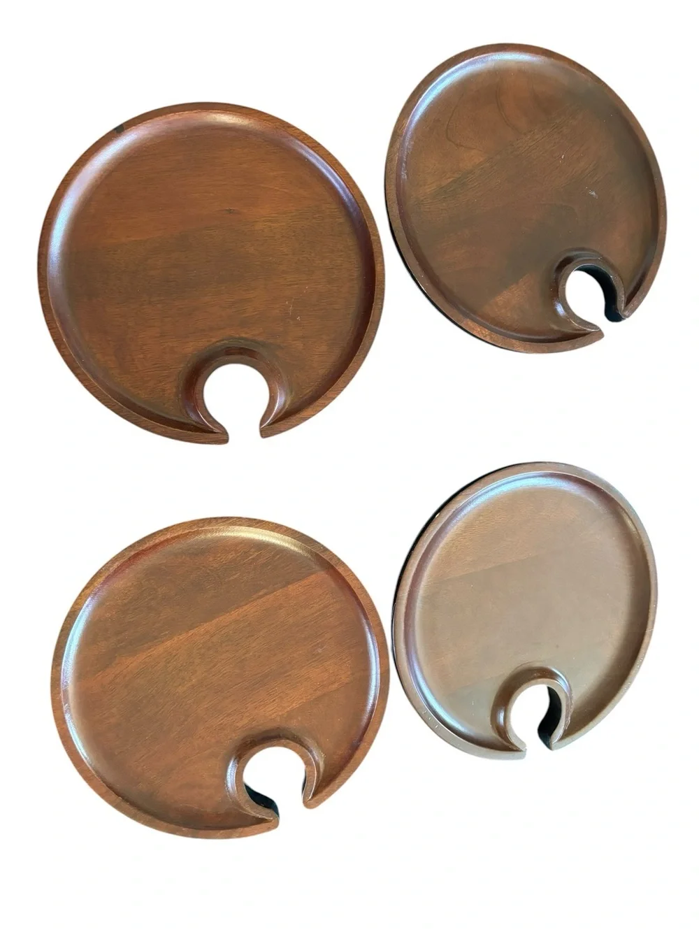 Pottery Barn Set of 4 Wooden Mingling Plates/ Tray Wine Glass Holder Expresso